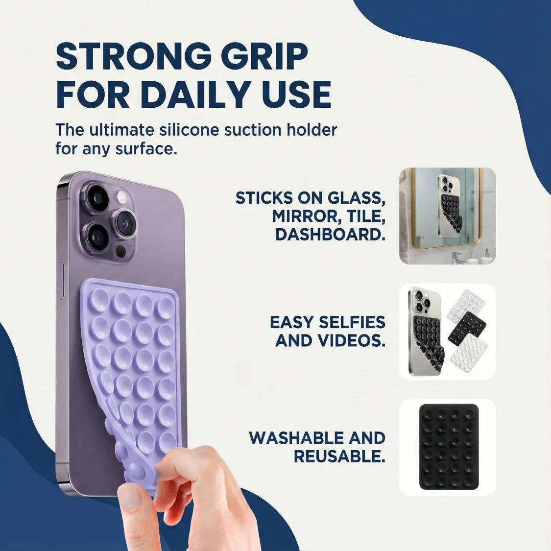 A hand peeling a lavender silicone suction holder from a grey phone, with text about its strong grip.