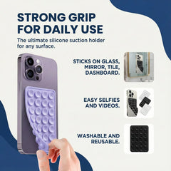 A hand peeling a lavender silicone suction holder from a grey phone, with text about its strong grip.