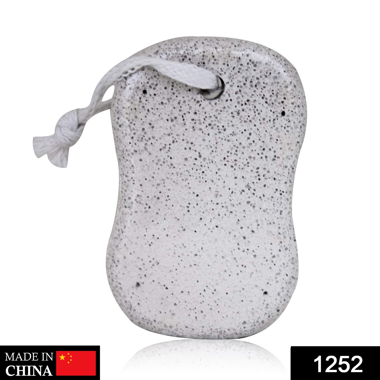 A grey pumice stone with a white rope loop is shown against a white background with a 'Made in China' label.