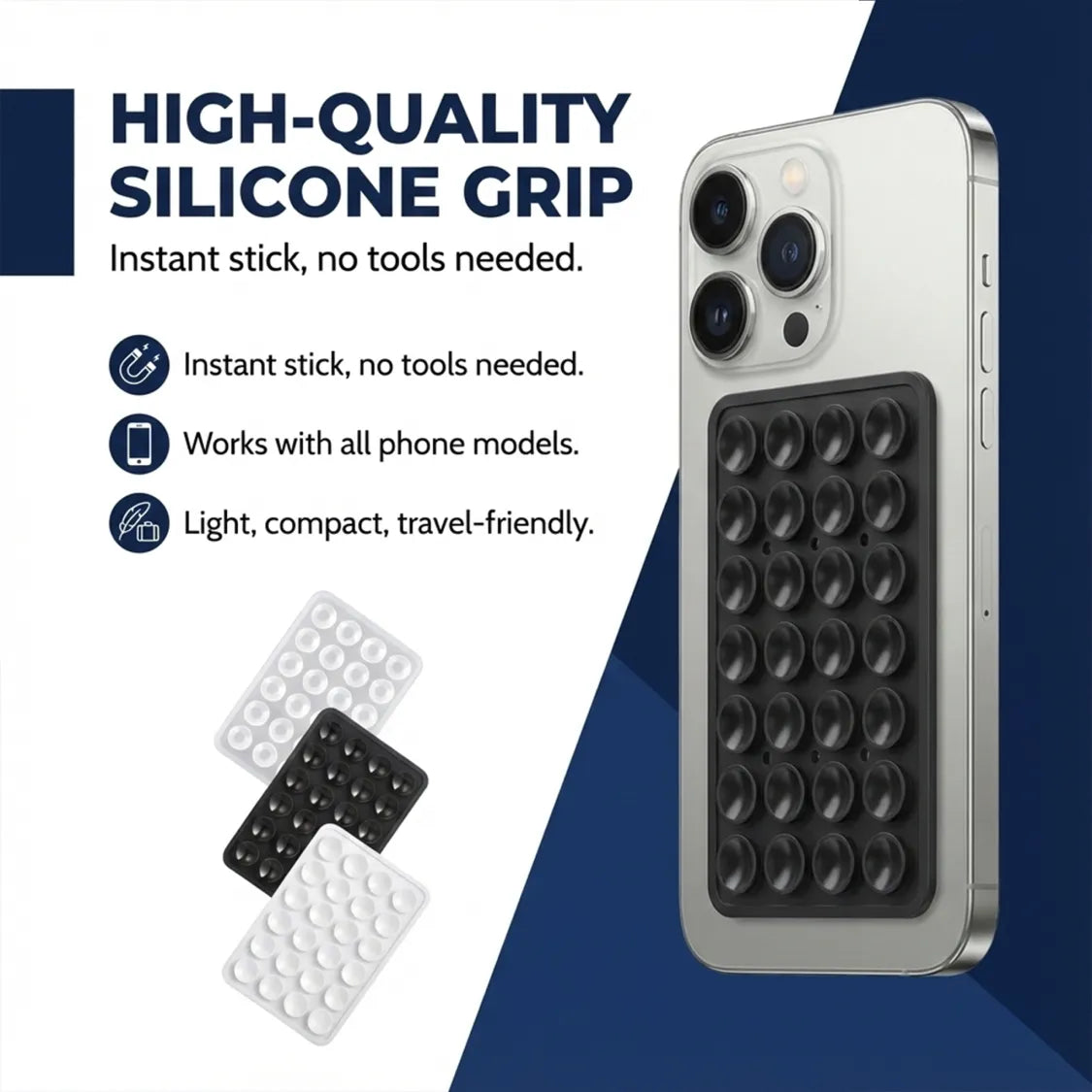 A grey phone with a black silicone suction holder, surrounded by white, black, and grey suction holders.