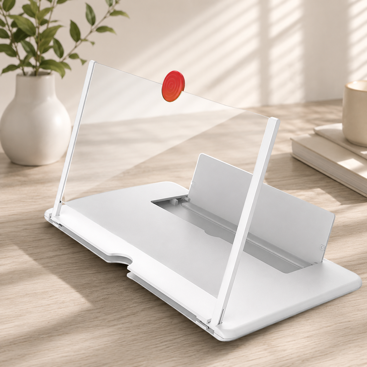 A white mobile phone screen magnifier with a red pull tab sits on a wooden desk next to a white vase with green leaves.