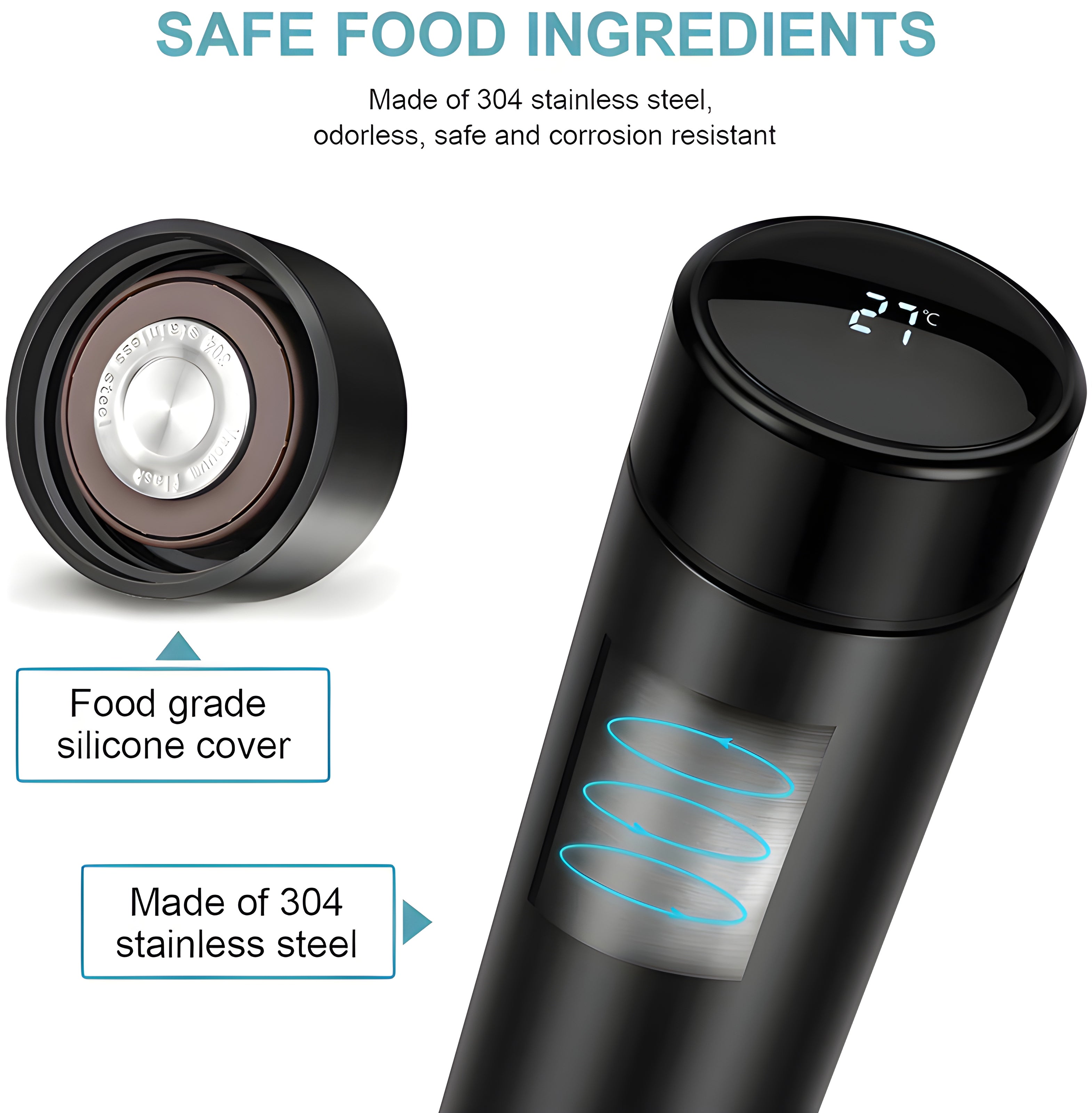 A silver personalized smart water bottle displayed against a plain background.
