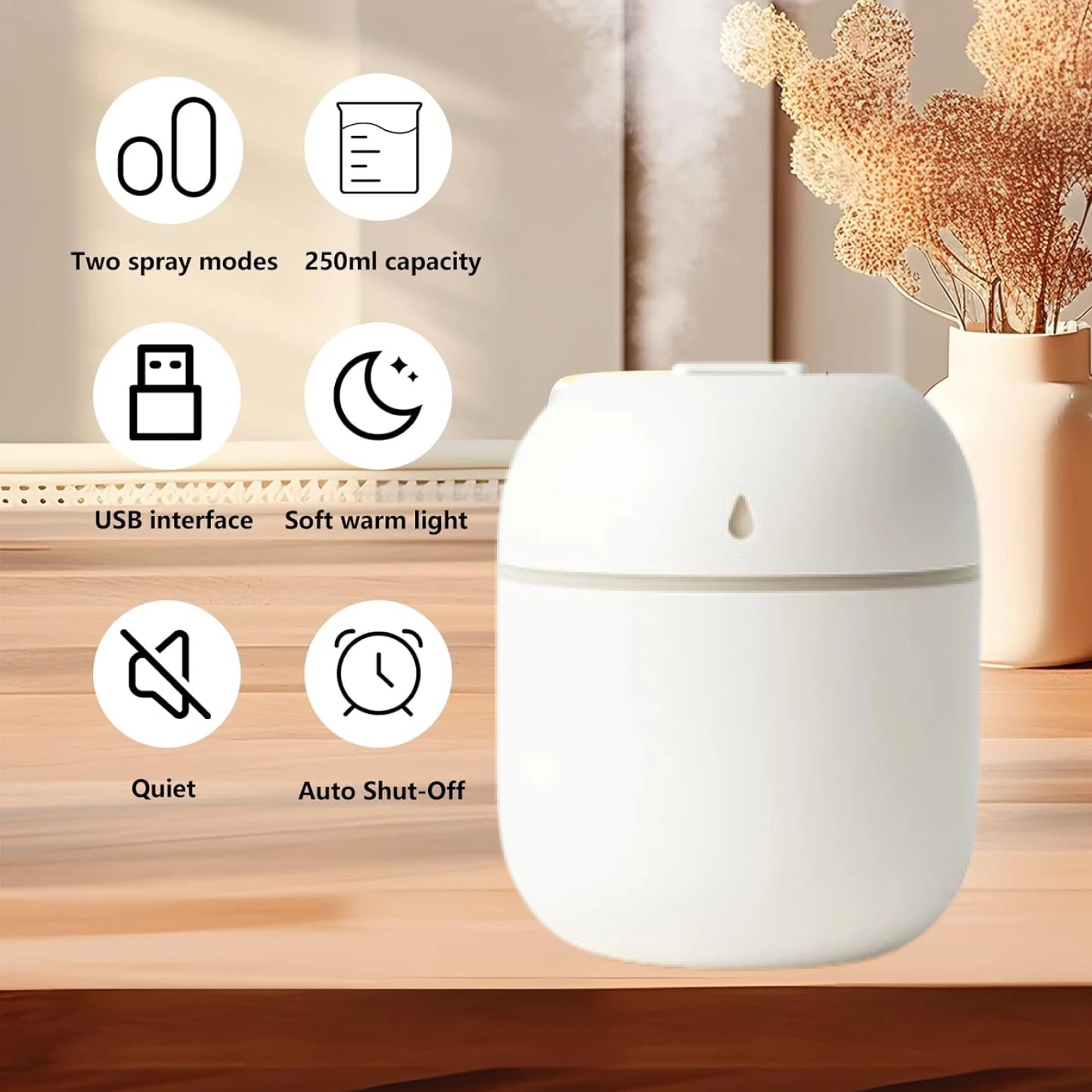 Portable Mini USB Humidifier with Night Light – 300ML Cool Mist Diffuser for Home, Office & Travel