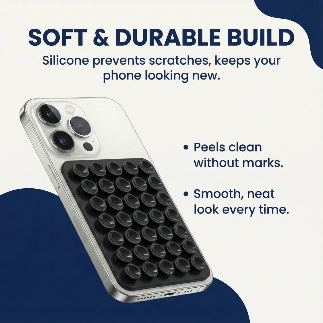 A grey phone with a black silicone suction holder, with text about its soft and durable build.