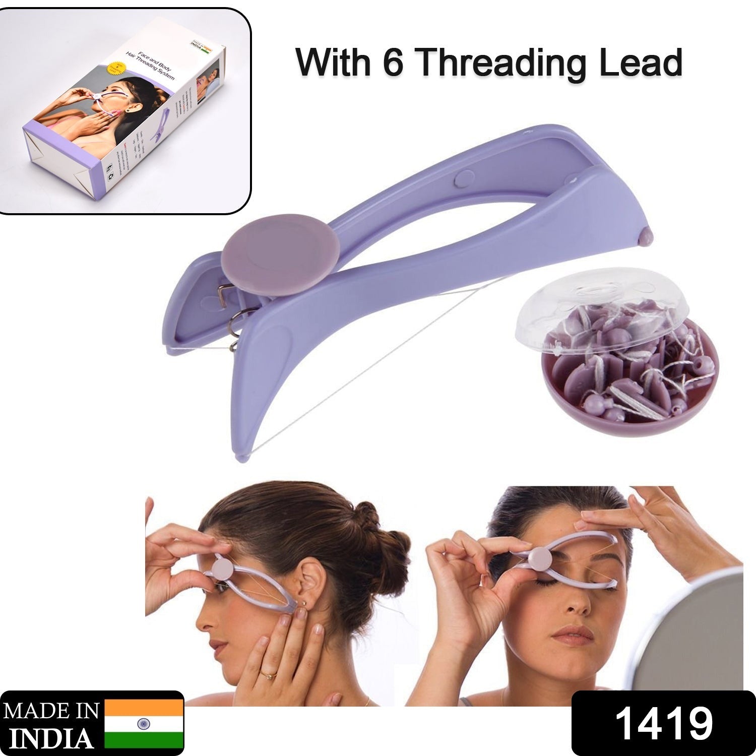 A purple hair threading tool with extra threads, a product box, and a woman using the tool on her face.