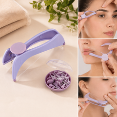 A purple hair threading tool, a container of extra threads, and a woman using the tool on her face.