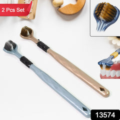 Two three-sided toothbrushes, one blue and one beige, with a close-up inset of the beige brush head.