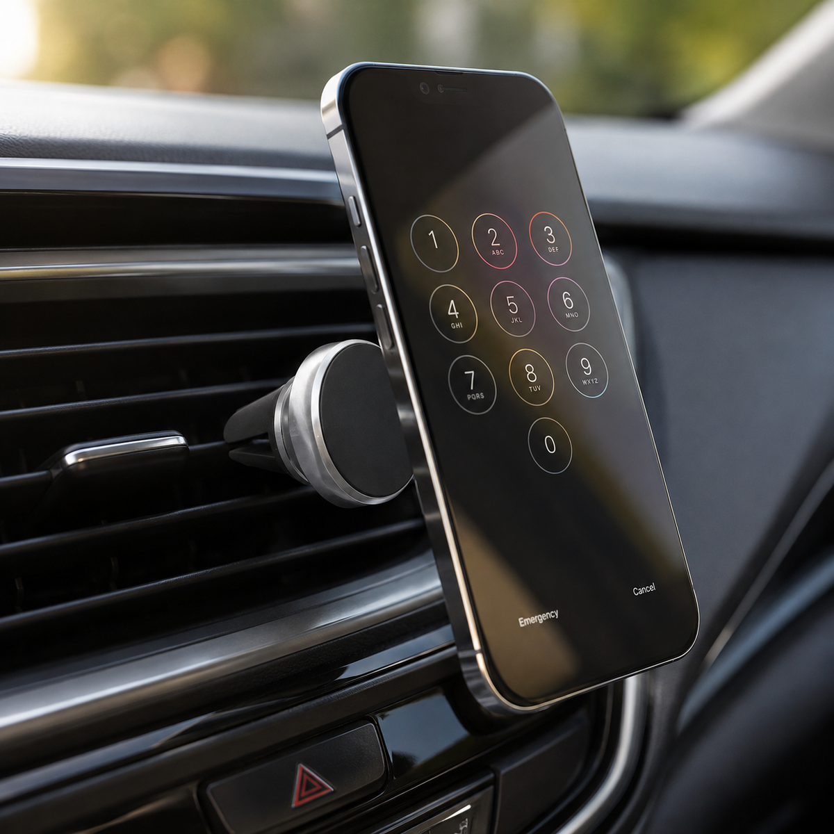 A black smartphone with a numerical keypad on its screen is held by a magnetic mount attached to a car's air vent.