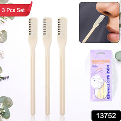 Three beige manual nose hair trimmers, a close-up of a trimmer in a nostril, and a purple package with text.