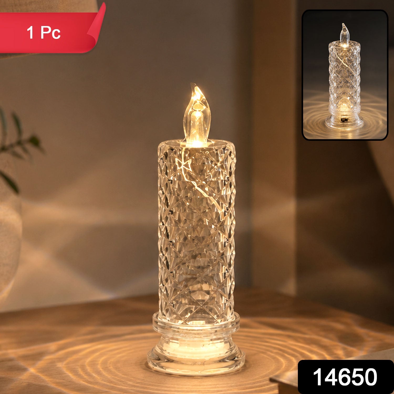 A single clear faceted crystal LED candle light, glowing warmly on a wooden surface, with a small inset showing the light.