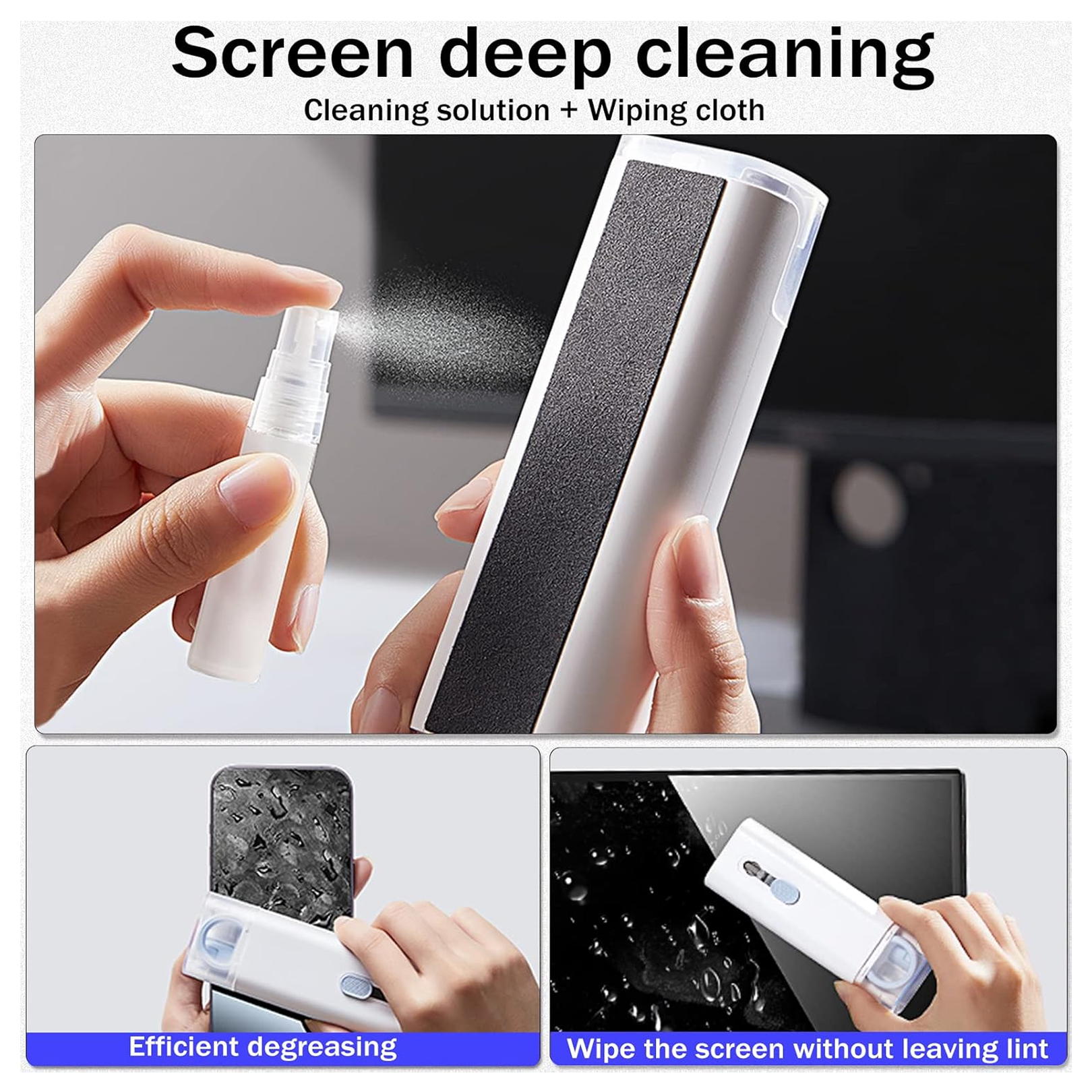 Hands demonstrating the screen cleaning function of the white and black cleaning kit on a phone and monitor.