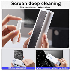 Hands demonstrating the screen cleaning function of the white and black cleaning kit on a phone and monitor.