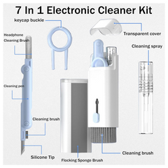 A detailed diagram of the white and light blue 7-in-1 electronic cleaning kit, labeling each tool.