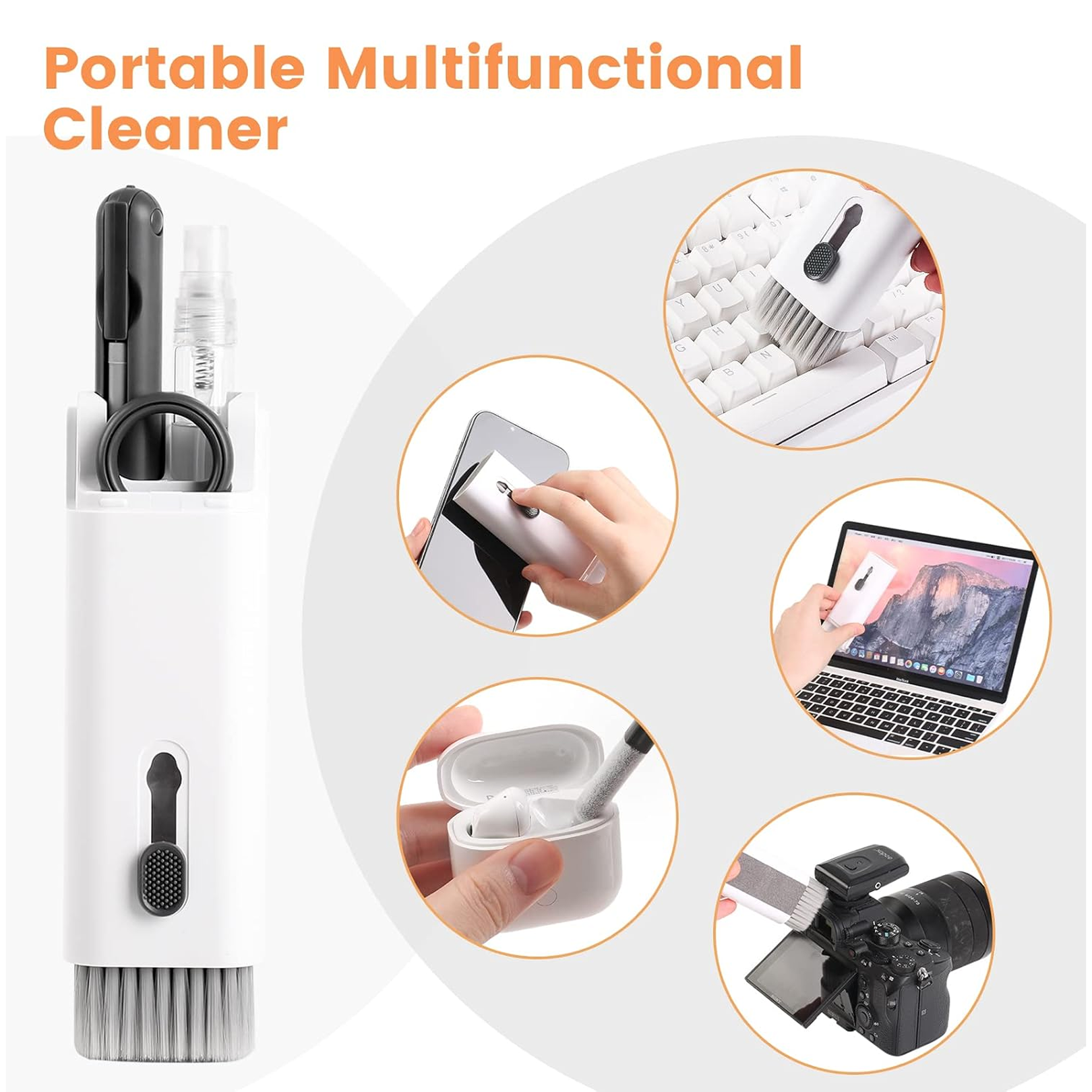 The white and black cleaning kit with circular insets showing its use on a phone, keyboard, laptop, AirPods, and camera.
