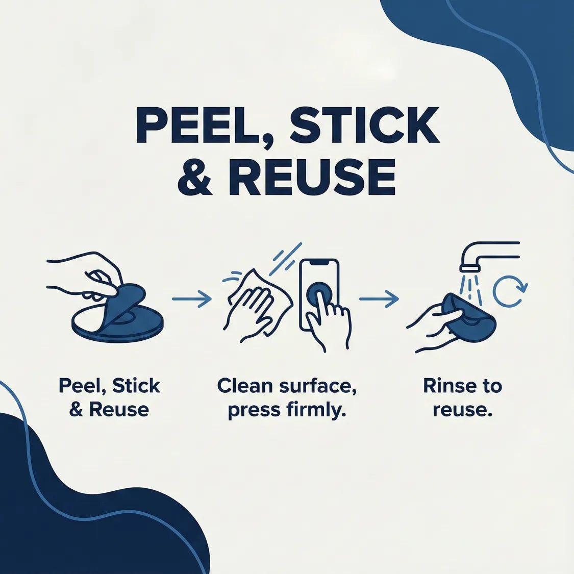 An infographic showing how to peel, stick, clean, and rinse the silicone suction phone holder.