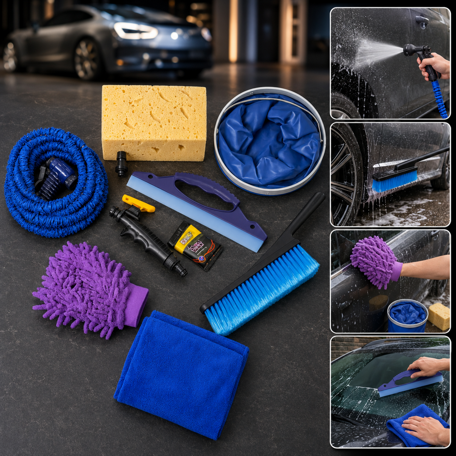 A car washing kit with a blue hose, purple mitt, yellow sponge, blue bucket, and various tools on a dark surface with a car