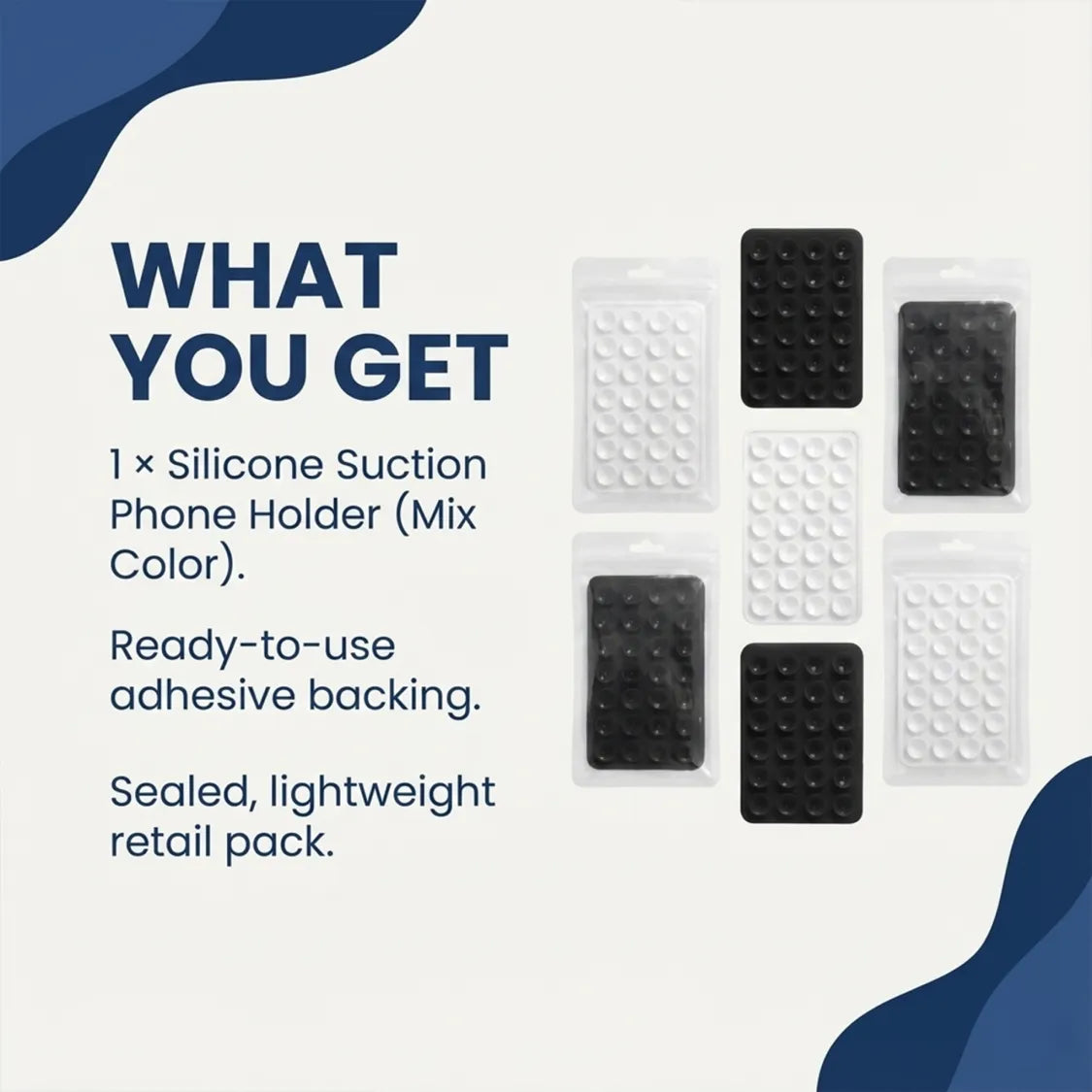An assortment of black and white silicone suction phone holders in packaging, with product details.