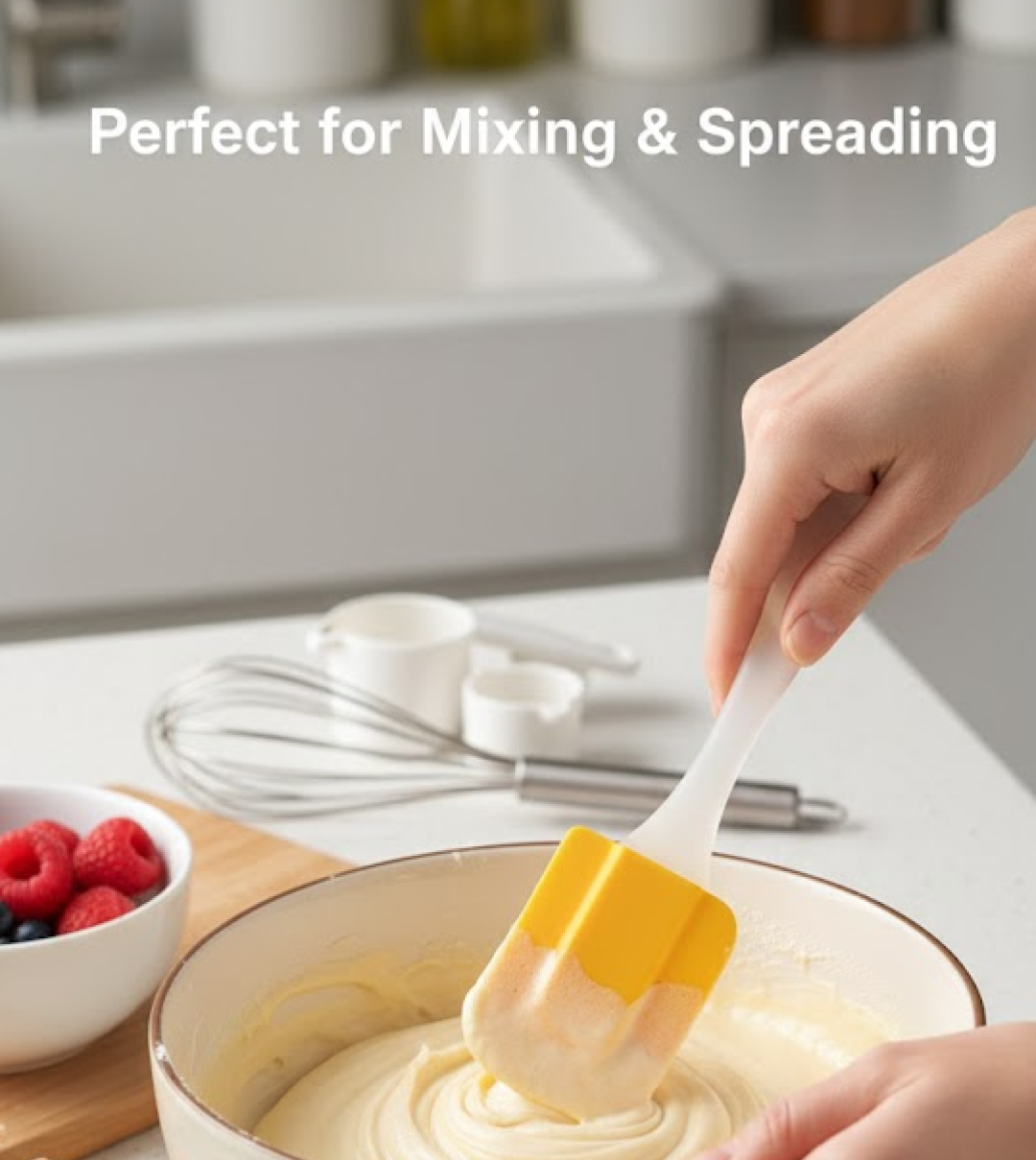A hand holds a yellow silicone spatula, mixing light batter in a bowl, with a whisk and sink in the background.