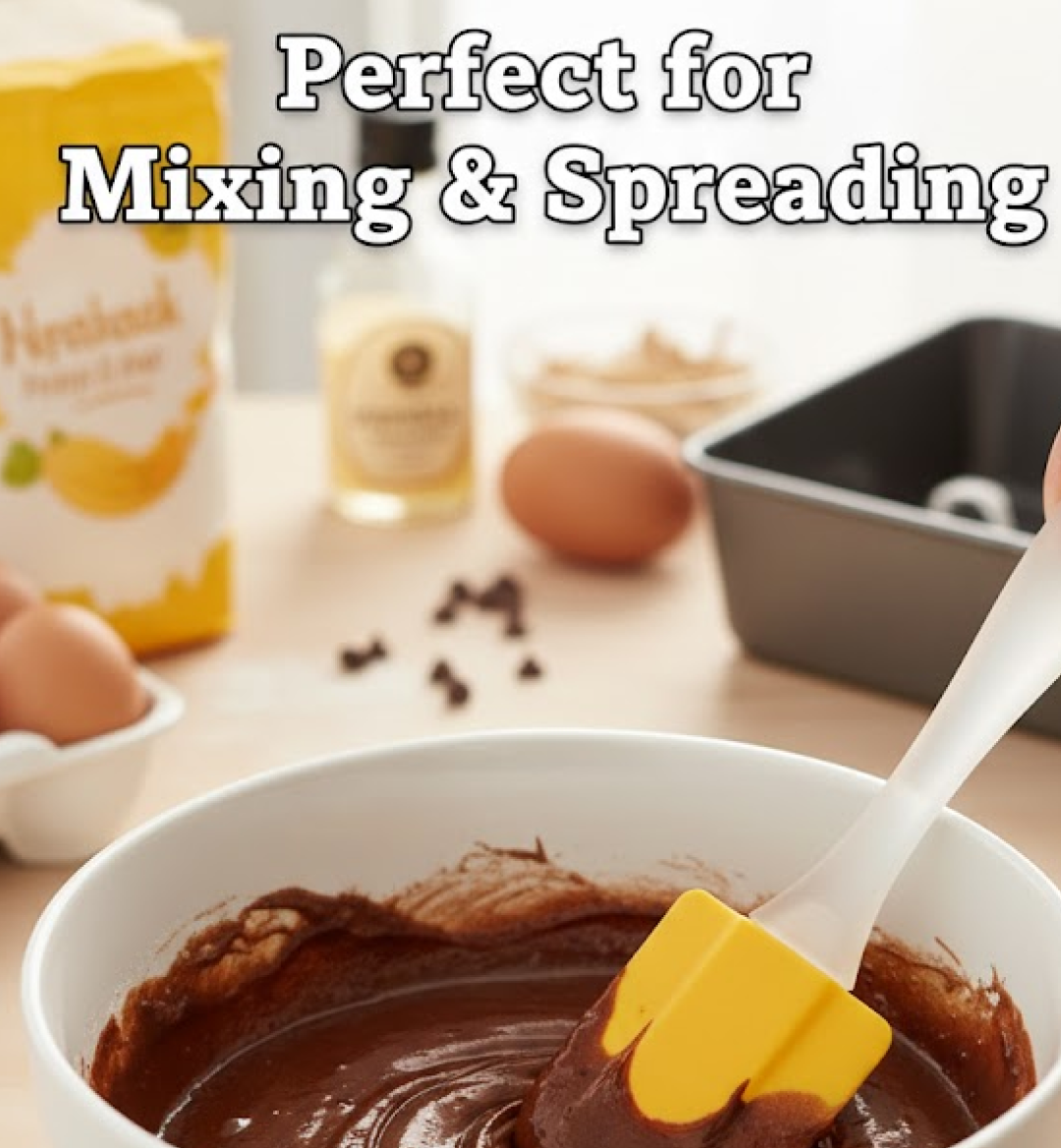 A yellow silicone spatula mixes chocolate batter in a white bowl, with baking ingredients like flour and eggs blurred in the