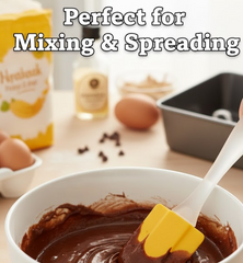 A yellow silicone spatula mixes chocolate batter in a white bowl, with baking ingredients like flour and eggs blurred in the