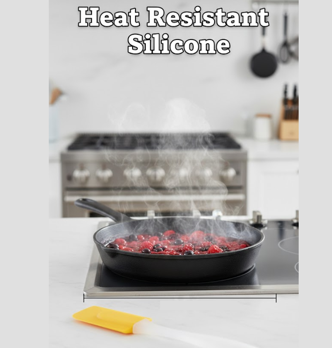 A yellow silicone spatula is in the foreground, with a steaming pan of berries on a stove in a kitchen background.