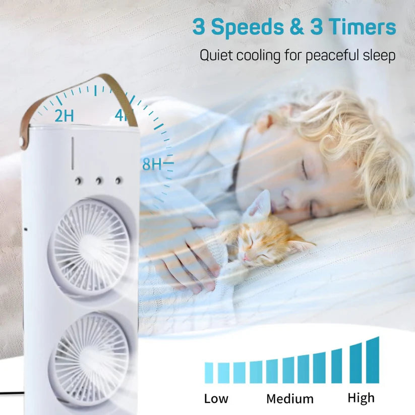 Double Head Mist Cooling Fan with Remote | 3-Speed USB Rechargeable Air Cooler for Desk & Bedroom (1 Pc  With Remote)