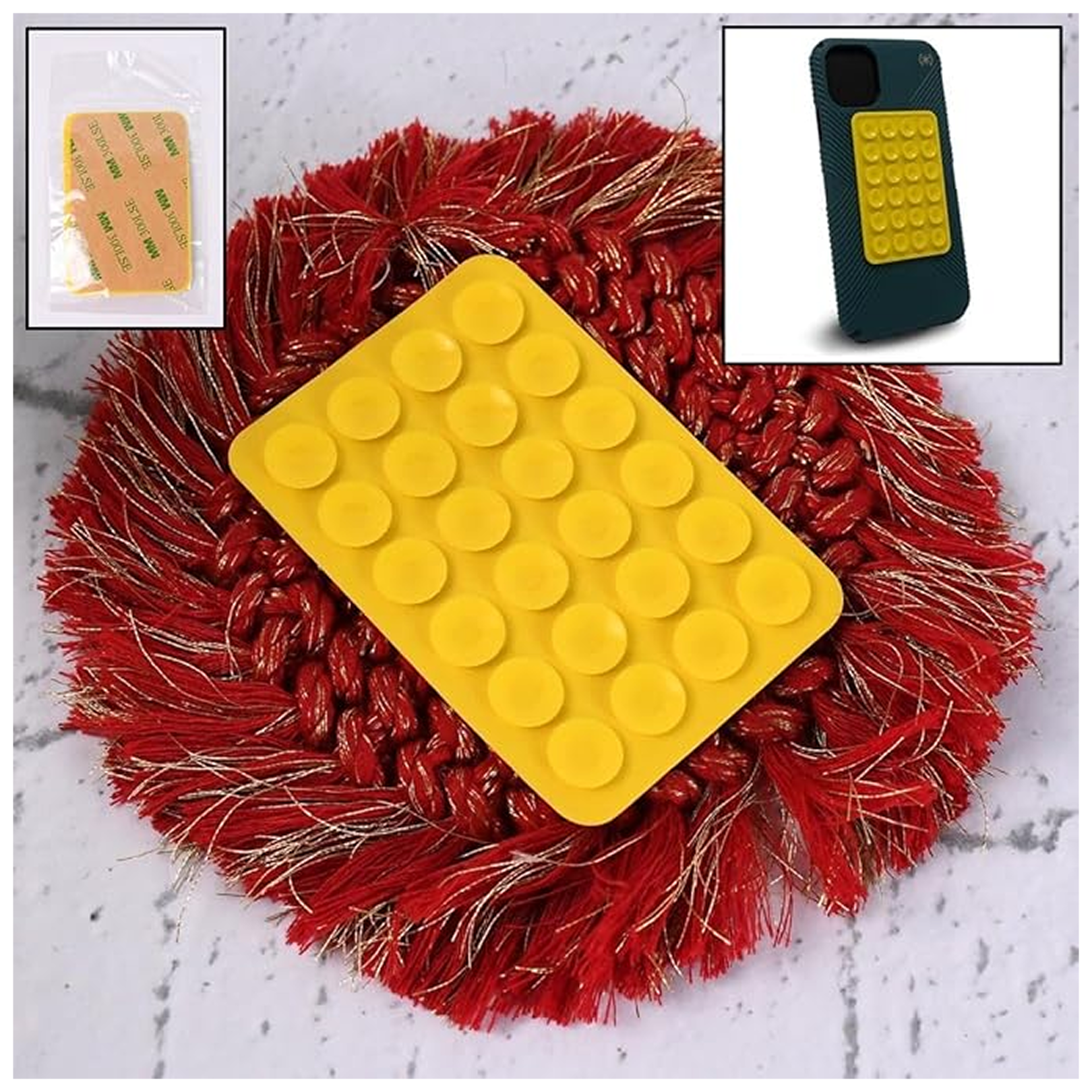 A yellow silicone suction holder on a red fringed mat, with insets of adhesive backing and a phone case.