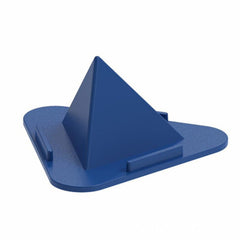 A blue pyramid-shaped mobile stand with a flat base and two small ledges for device support.