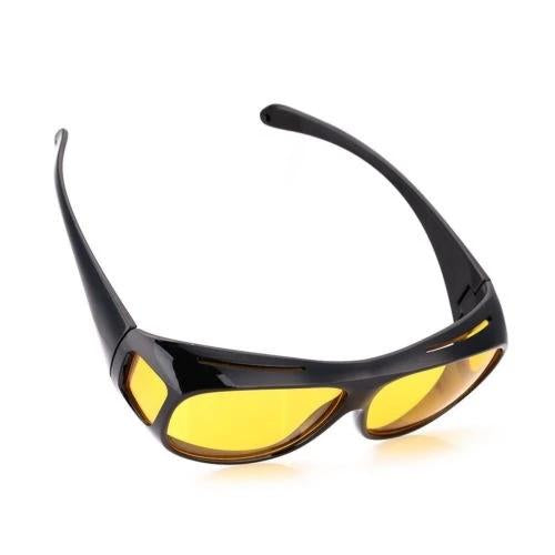 A single pair of black wrap-around glasses with yellow lenses, viewed from the top-left, on a white background.