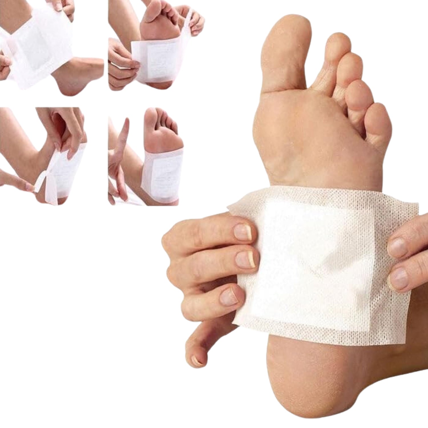 A collage showing hands applying and removing a white foot pad from the sole of a foot.