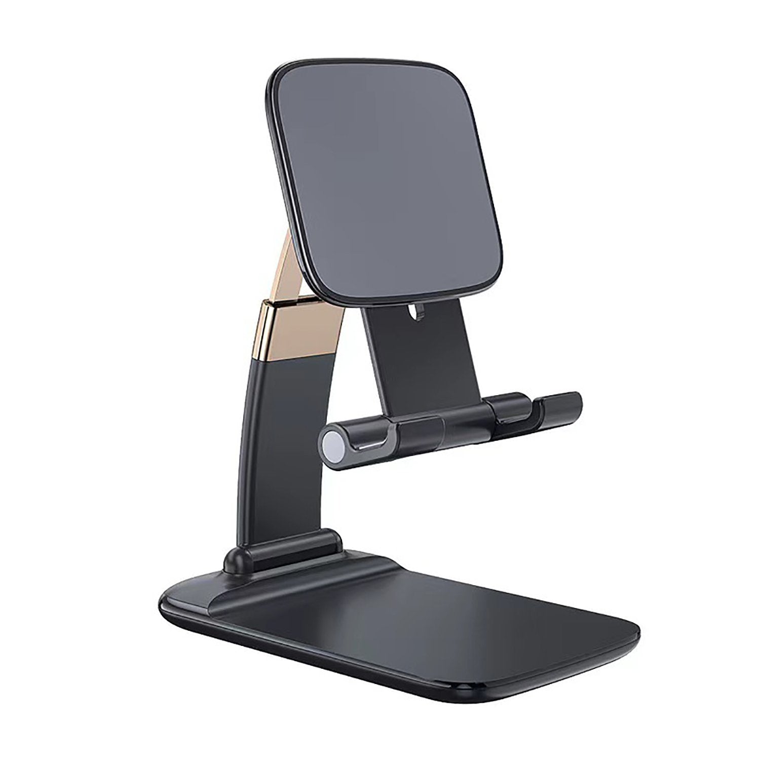 Black and gold foldable phone stand with a sleek, minimalist design on a white background.