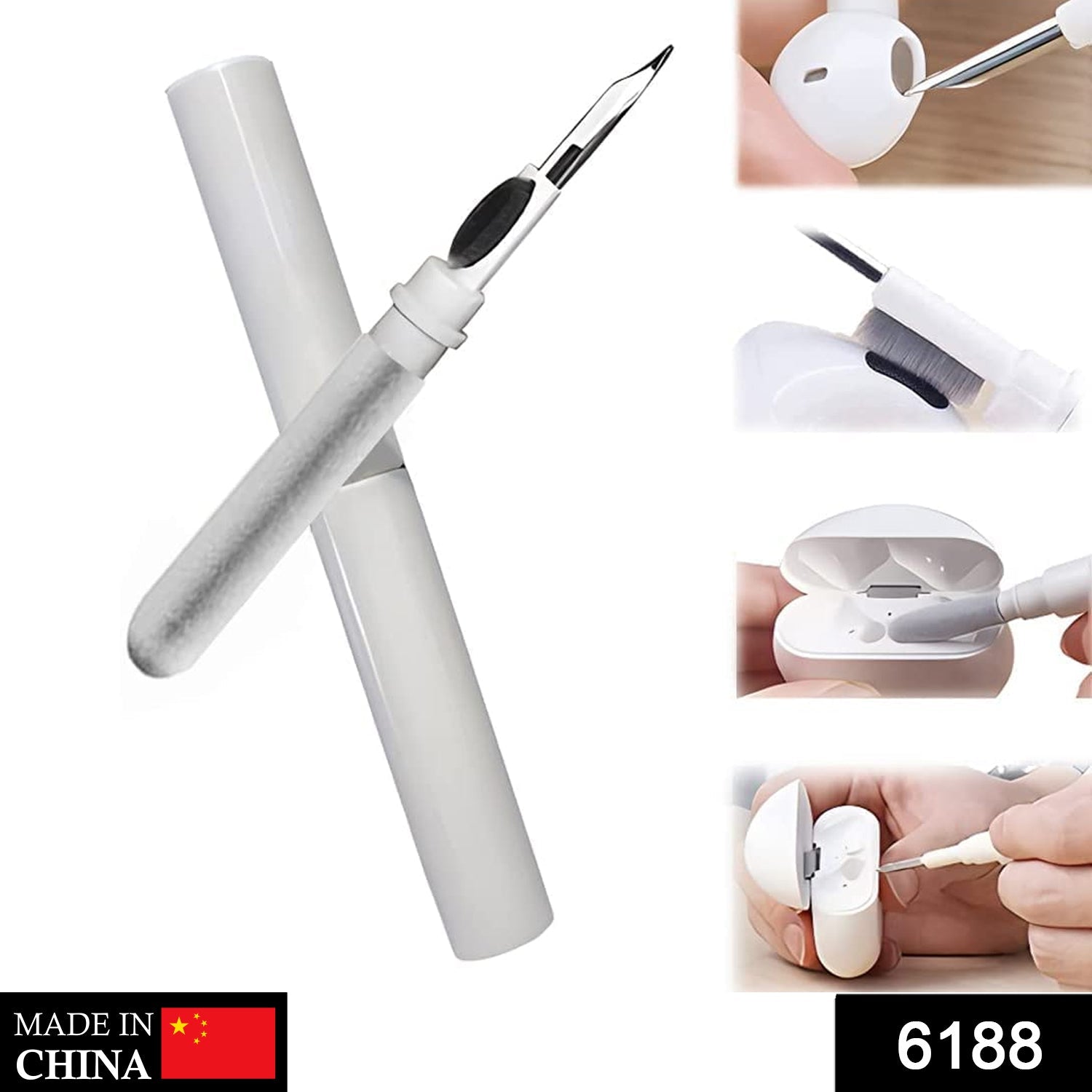 Detailed view of the earbuds cleaning pen's soft brush, metal tip, and flocking sponge.