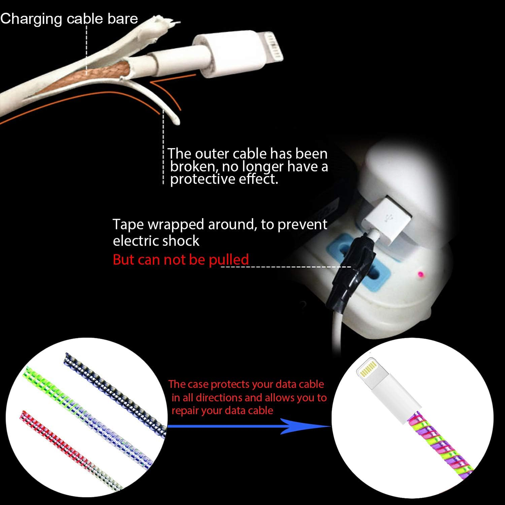 Flexible cable protector in use on both headphone and charging wires.
