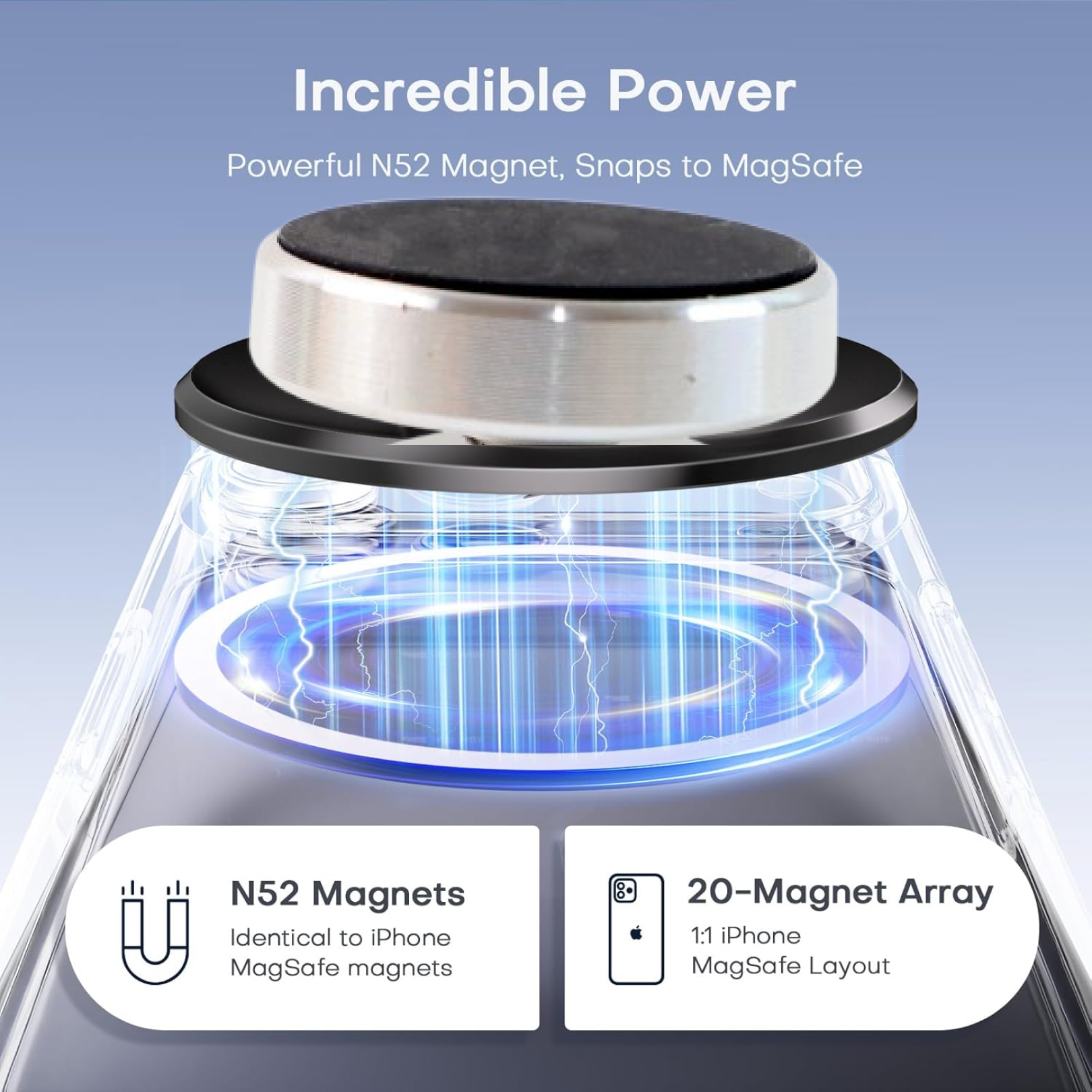 A diagram showing a silver and black magnetic phone mount above a phone, with blue magnetic fields emanating.