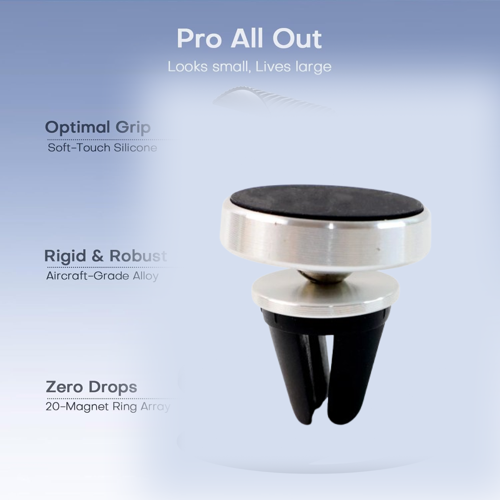 A silver and black magnetic phone mount with a soft-touch silicone grip and aircraft-grade alloy construction.