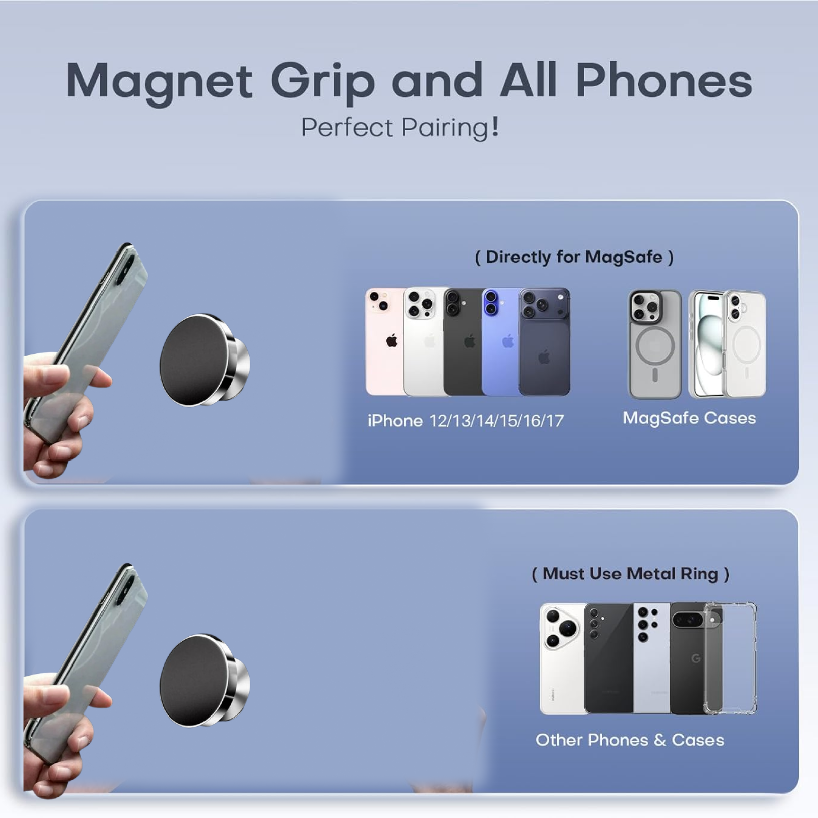 A diagram showing compatibility of the magnetic phone mount with various iPhones and other phones using a metal ring.