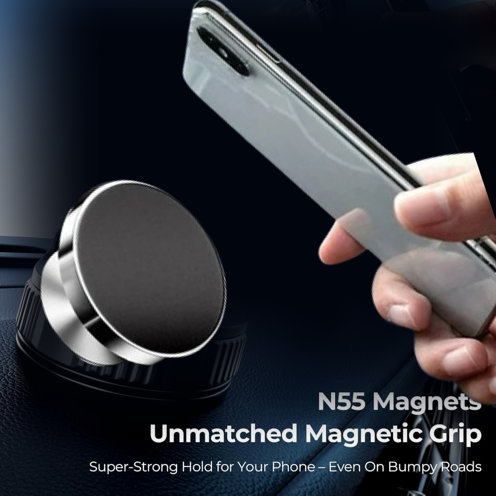 A silver smartphone is held near a black and silver magnetic car mount, highlighting its strong magnetic grip.