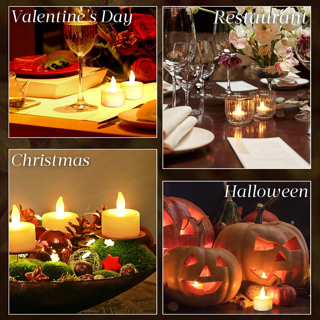 Four collage images showing white LED candles used for Valentine's Day, restaurant decor, Christmas, and Halloween.