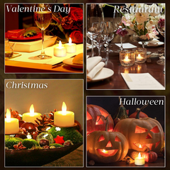 Four collage images showing white LED candles used for Valentine's Day, restaurant decor, Christmas, and Halloween.
