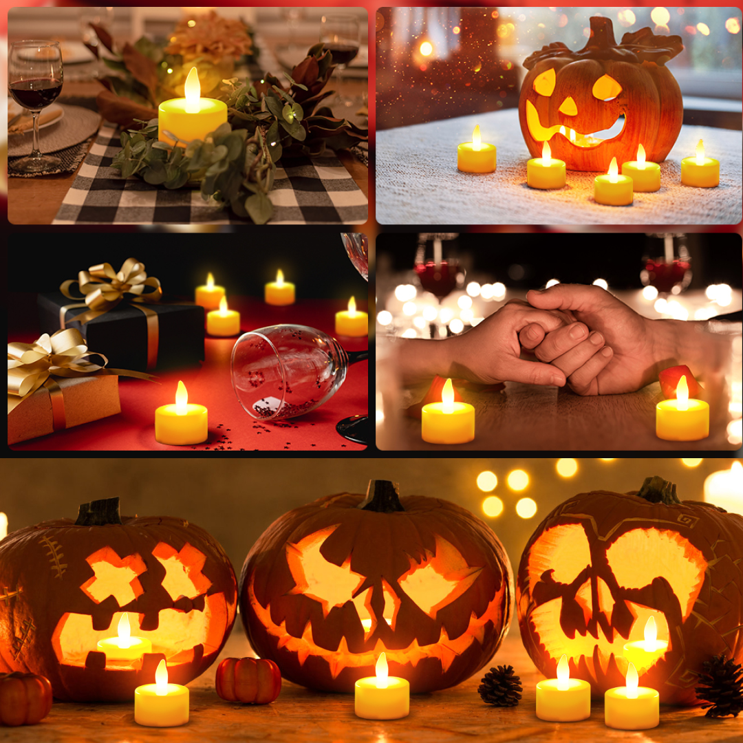 Five collage images featuring white LED candles in different settings like a dining table, with pumpkins, and gifts.