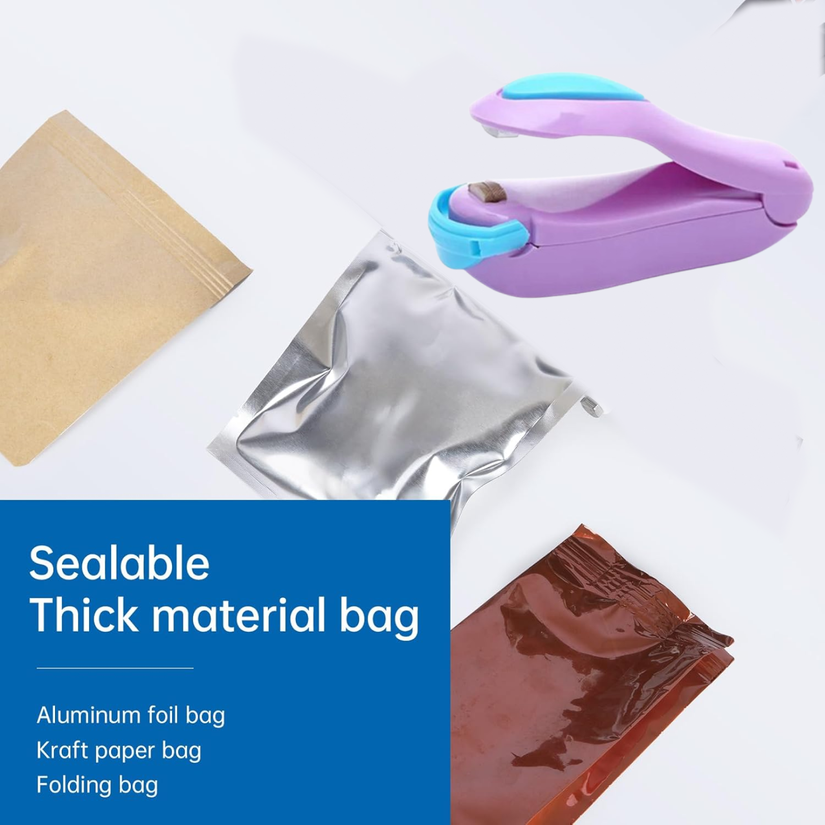 A purple and blue mini heat sealer is shown next to various sealable bags like aluminum foil, kraft paper, and folding bags.