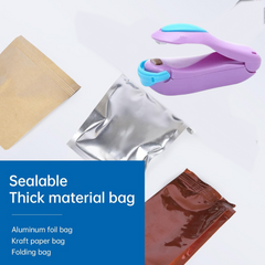 A purple and blue mini heat sealer is shown next to various sealable bags like aluminum foil, kraft paper, and folding bags.