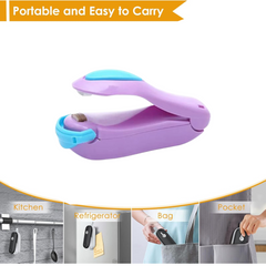 A purple and blue mini heat sealer is shown. Below are small images demonstrating its portability: hanging in a kitchen, on