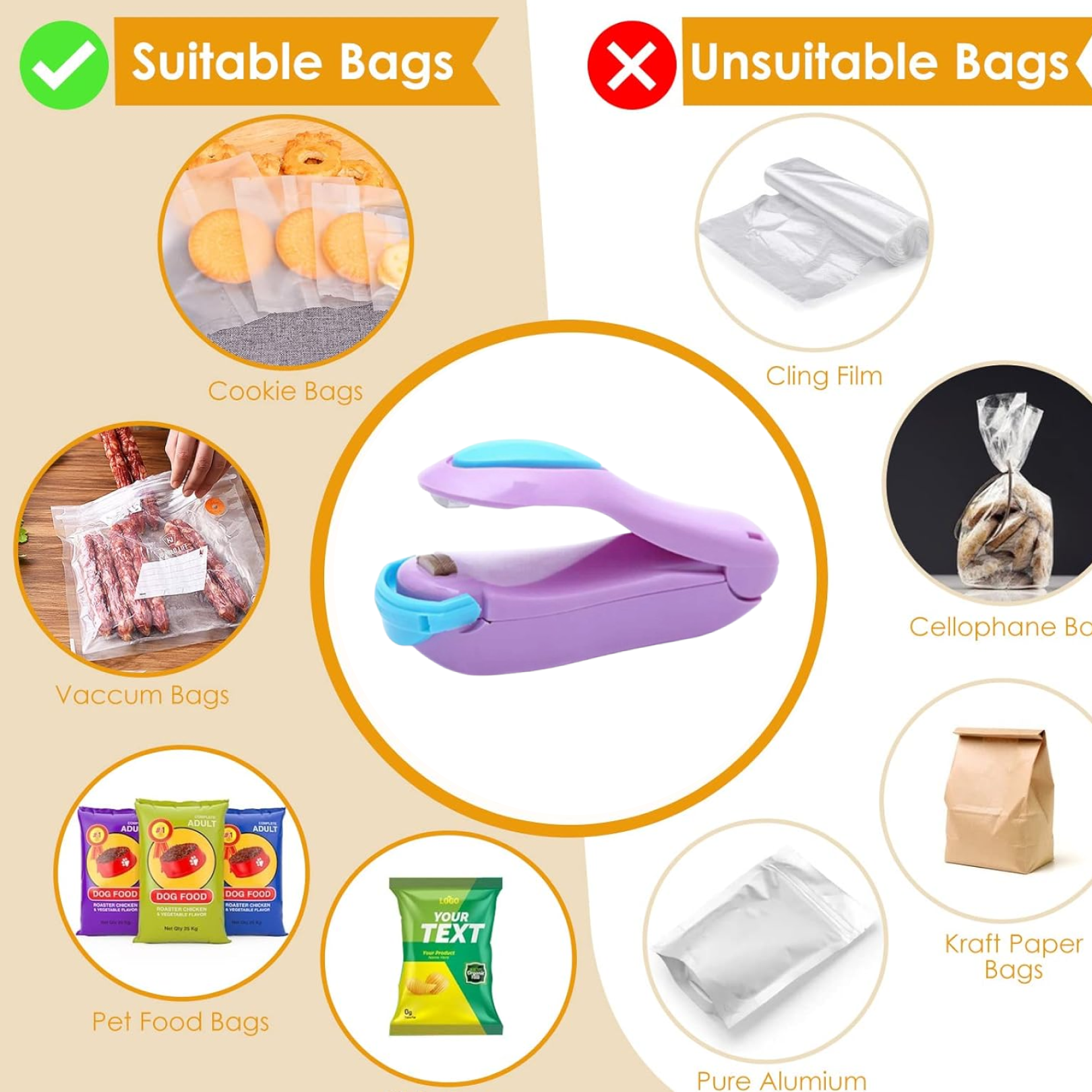 A purple and blue mini heat sealer is centered, surrounded by examples of suitable bags (cookie, vacuum, pet food) and