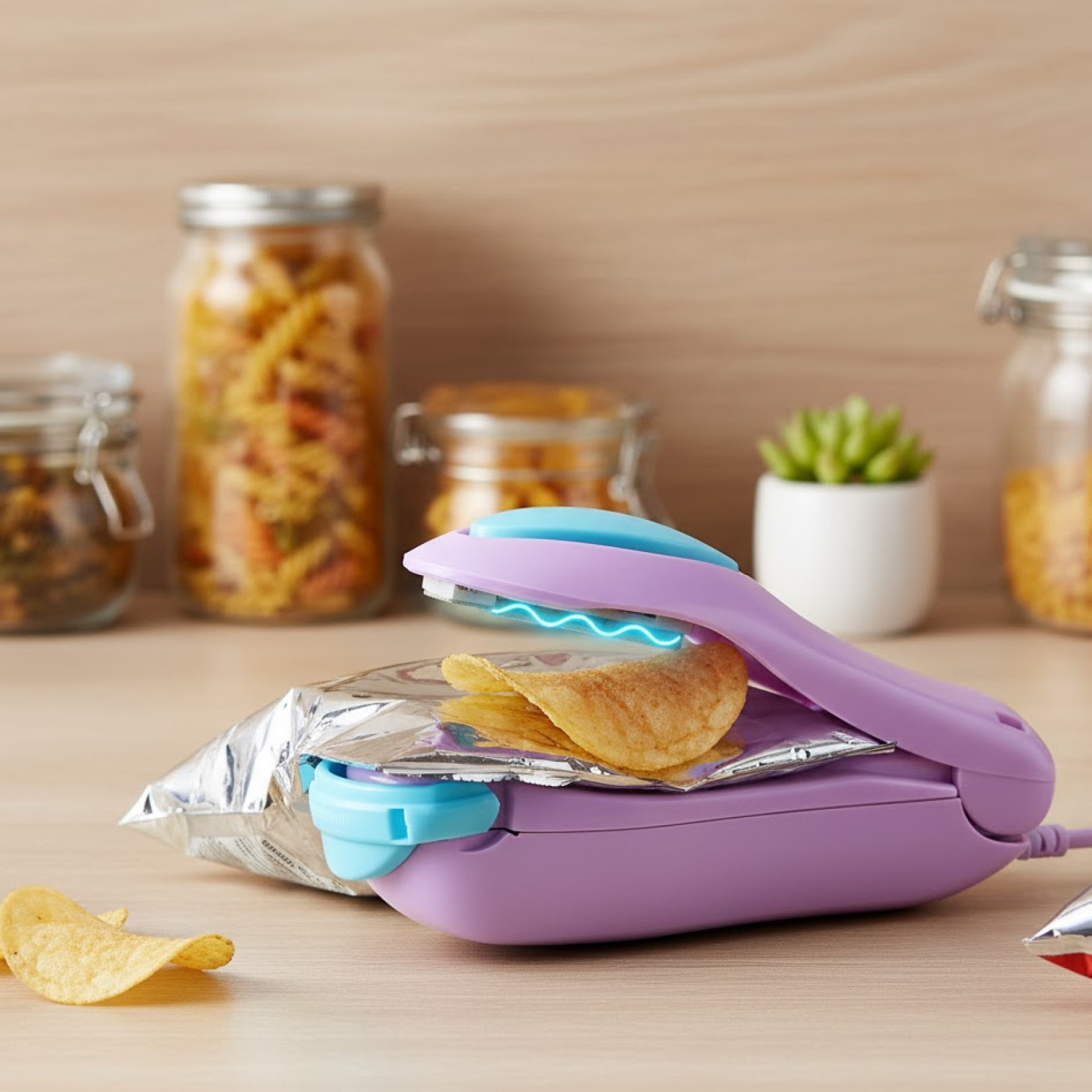 A purple and blue mini heat sealer seals an aluminum foil bag of potato chips on a wooden counter with kitchen items in the