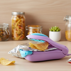 A purple and blue mini heat sealer seals an aluminum foil bag of potato chips on a wooden counter with kitchen items in the