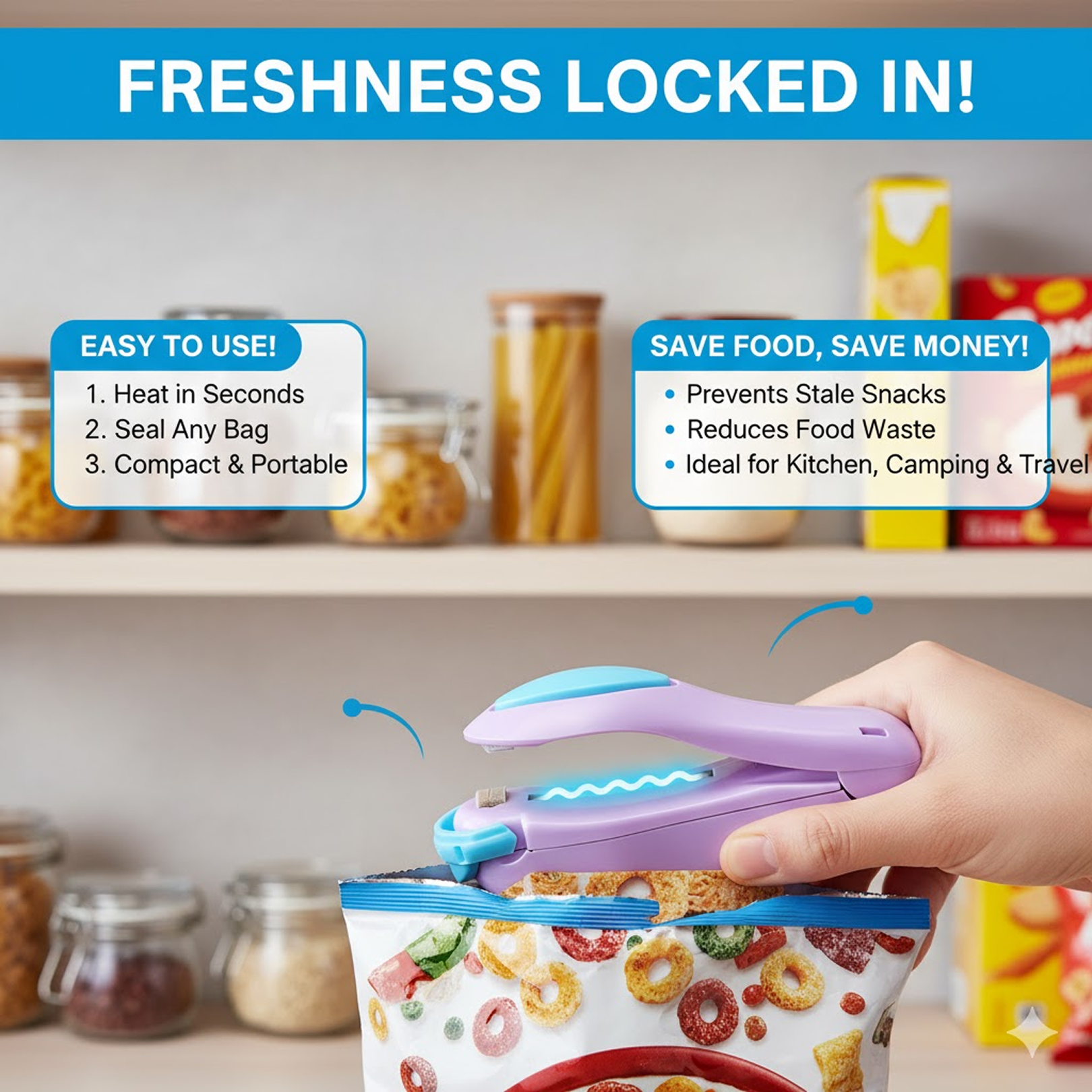 A hand uses a purple and blue mini heat sealer to seal a bag of colorful cereal, with text highlighting ease of use and food