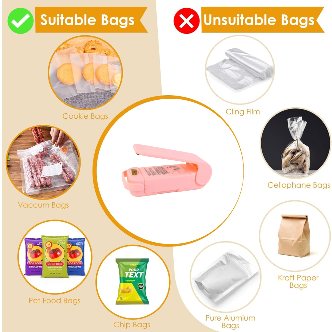 A pink plastic bag sealer is shown with examples of suitable bags like cookie and chip bags, and unsuitable ones like cling