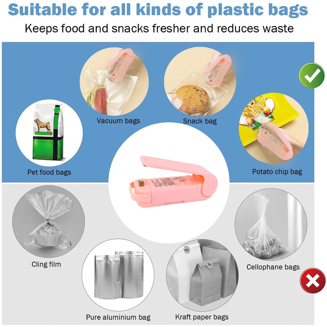 A pink plastic bag sealer is centrally featured, surrounded by images of various bags it can seal, like vacuum and snack