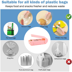 A pink plastic bag sealer is centrally featured, surrounded by images of various bags it can seal, like vacuum and snack